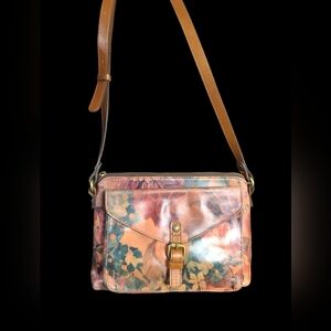 Patricia Nash Leather Floral Tan, Pink, and Blue Crossbody Bag